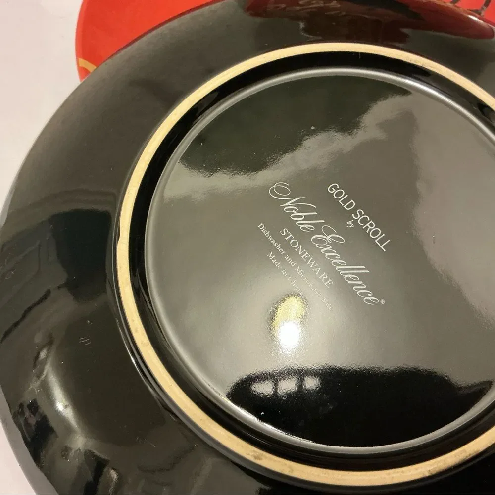 4 noble excellence piece Gold Scroll Black Stoneware Plate